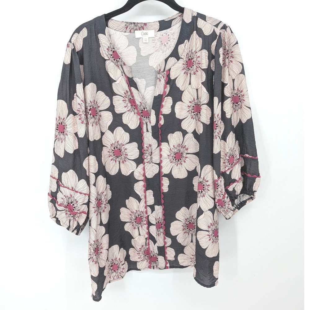Oddi Floral Blouse Women Plus 3XL Black Pink V-Neck 3/4 Sleeve Boho Top Casual